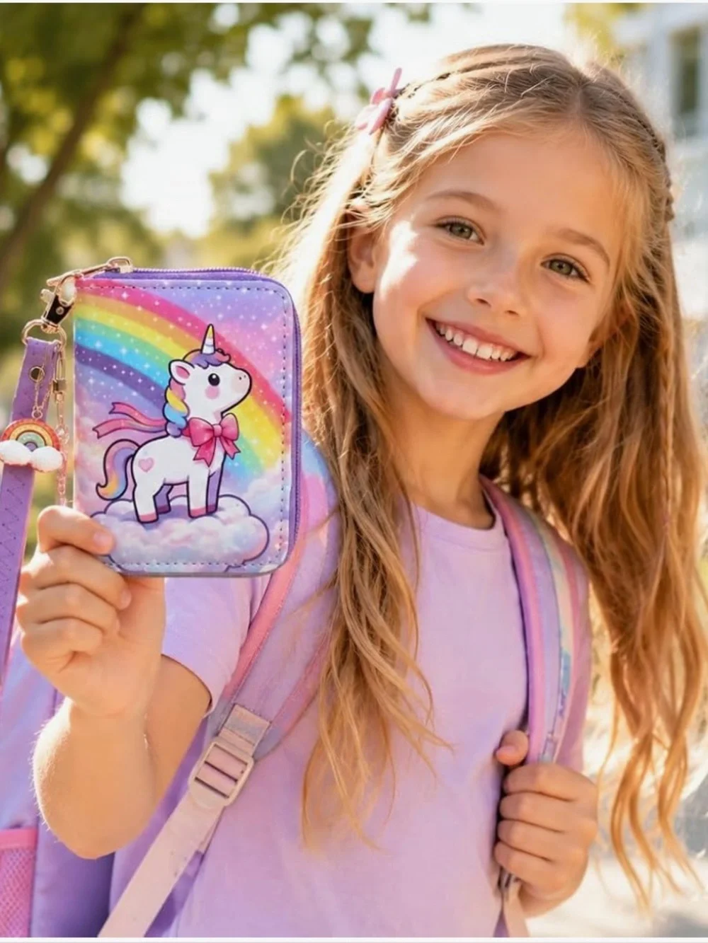 Purple Kids Unicorn Wallet with Rainbow Charm - Cute Wristlet